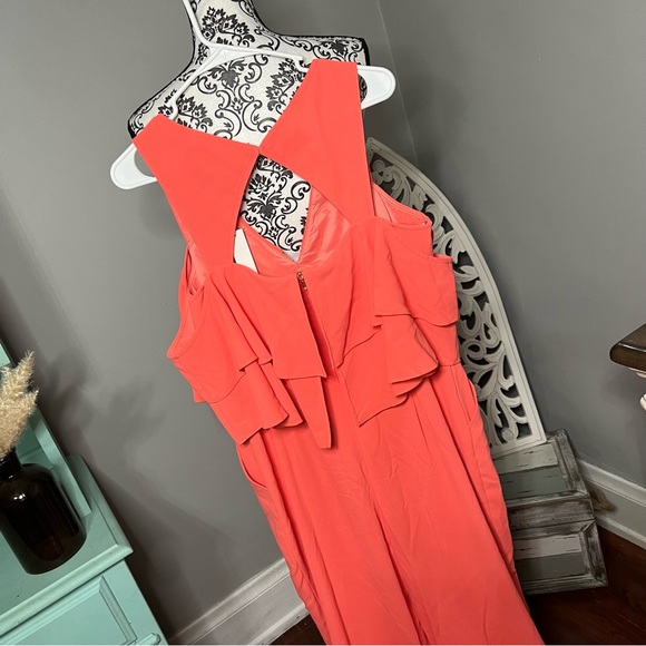 Trina Turk Cold Shoulder Ruffle Trouser Josephine Coral Jumpsuit Size 12 NWT - Picture 9 of 16